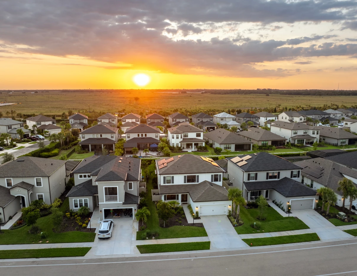 Suburban neighborhood at sunset